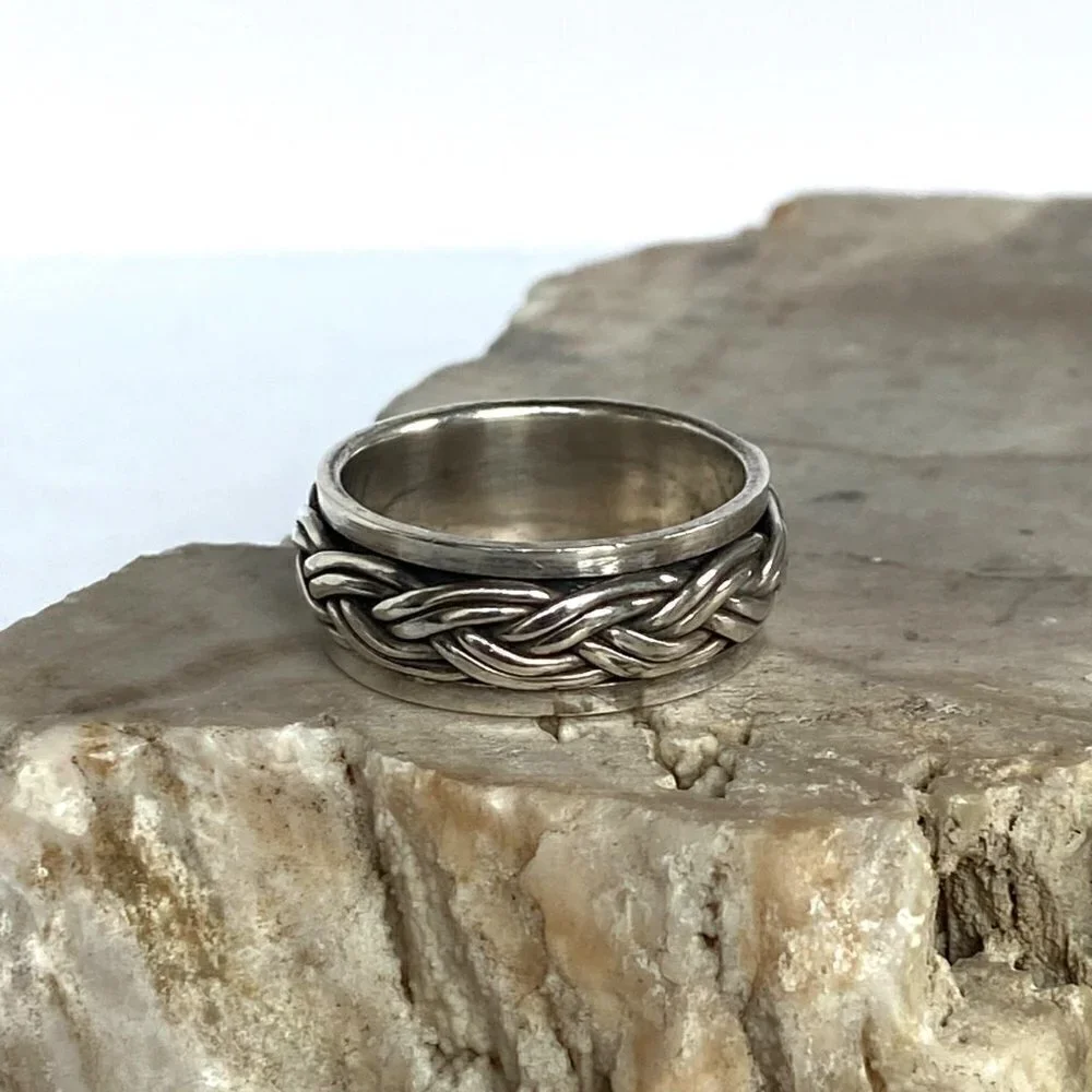 Sterling Silver 925 8MM Unisex Braided Rope Wide Band Spinner Ring Size 8.25 8g